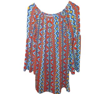 West Loop Orange Red Relaxed Graphic Blouse With Bell Sleeves, Size Large